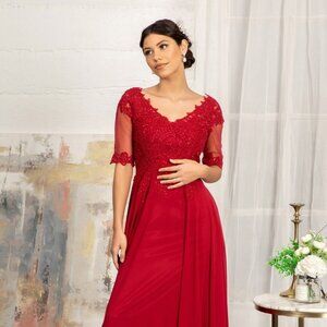NEW LONG A-LINE CHIFFON EMBROIDERED DRESS WITH ZIPPER BACK & 3\4 SLEEVES GL1982